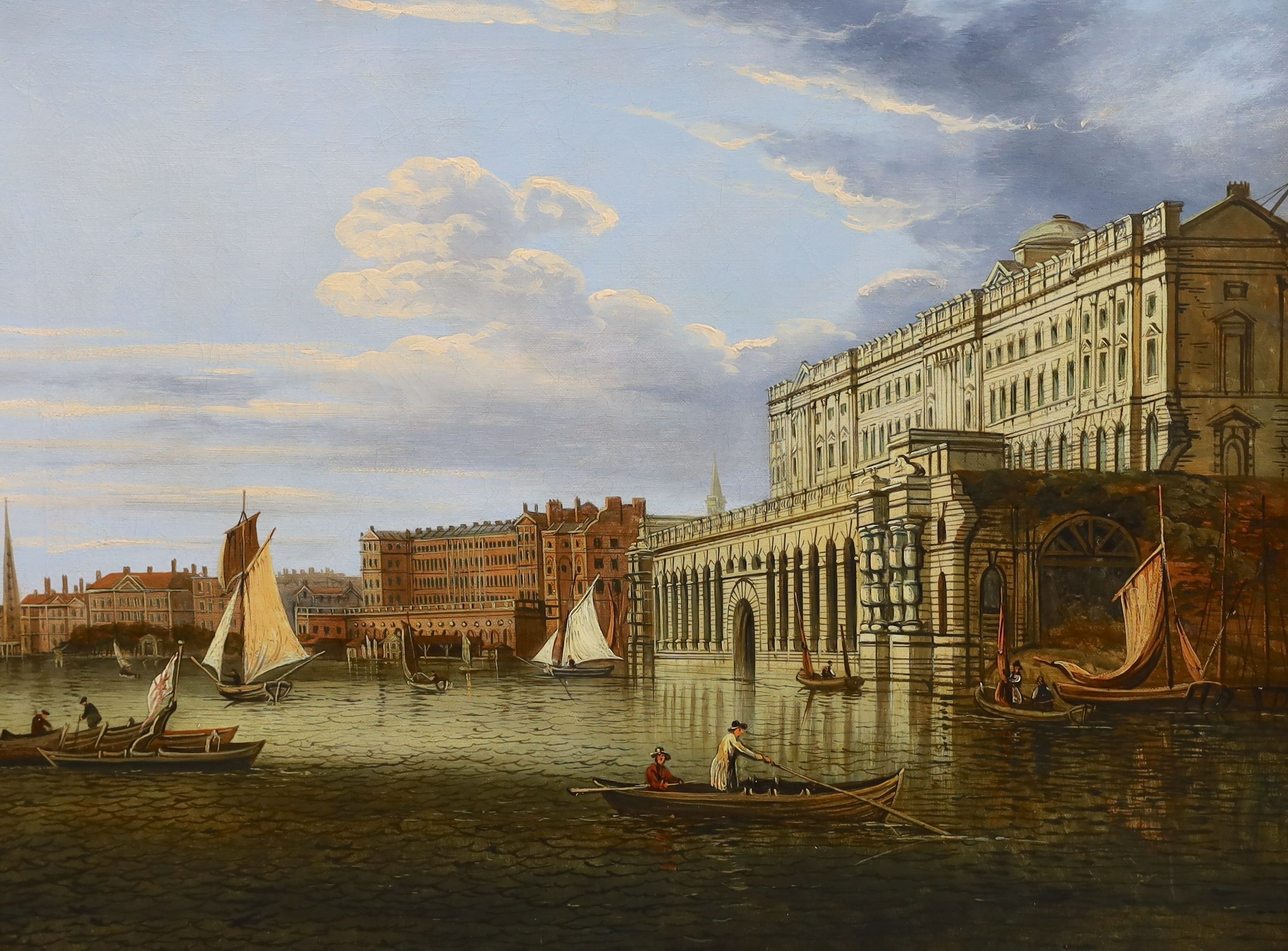 Circle of John Dean Paul (1775-1852), Somerset House and The Adelphi from the river, London, oil on canvas, 59.5 x 44.5cm